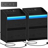 Hzuaneri Nachttische 2er Set mit LED-Lichtern, Ladestation und 2 Schubladen, Beistelltisch mit USB-Anschlüssen & Steckdosen, Stilvoll und vielseitig, für Wohnzimmer und Schlafzimmer, Schwarz NS30104X