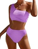Pfreesea Damen-Bikini-Set mit Einer Schulter, hohe Taille, Bauchkontrolle, volle Abdeckung, gerippt, 2-teiliger Badeanzug, Violett, Medium