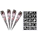 Lictin 4 Stück Henna Tattoo Temporäre Tattoos mit Henna Tattoo Schablonen Henna Tattoo Creme Braun Tattoo Set mit Handschuhe Tattoo Sticker Natürliche Kegel Henna Haarfarbe