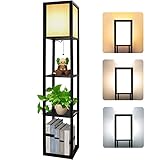 Stehlampe aus Holz, Stehleuchte mit Regal 3 Farbtemperaturen 3000-5000K, Holzablage mit E27 Fassung, Eckregal Regalbeleuchtung Retro für Wohnzimmer Schlafzimmer Büro(Glühbirnen Enthalten)