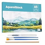 40 Blatt Aquarellpapier A5, Aquarellblock 300g/㎡ Malpapier mit Bleistift Pinsel Wassertankstift für DIY Basteln Zeichnen Gouache