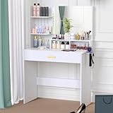 AMHANCIBLE Schminktisch mit Spiegel, 90x40x135cm, Große Frisiertisch mit Schublade, 3 offenen Fächern, und Haartrocknerhalter, Frisierkommode für Schlafzimmer, modern, weiß EHSK02WT