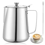 600ml Milchkännchen, Edelstahl Milchkanne mit Deckel, Milchschaumkännchen mit Messskala und Latte Art Pen, Kaffee Creamer Milch Aufschäumer Kännchen Tasse für Cappuccino, Espresso und Barista