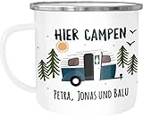 SpecialMe® Emailletasse Camping personalisiert Namen Familie Geschenke für Camper Wohnwagen personalisierbar.Becher Emaille emaille-weiß-silber standard
