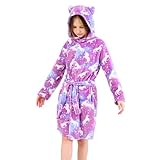 Piefry Katzen Bademantel für Mädchen Weiches Fleece Morgenmäntel mit Kapuze und Katzenohren (Violettes Einhorn, 10-11 Jahre)