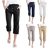 3/4 Hose Damen Sommer Leicht Atmungsaktive Leinenhose Kurz Casual Sommerhose mit Tunnelzug und Taschen Bequeme Atmungsaktive Leinen Hosen Outdoor Sport Strandhose