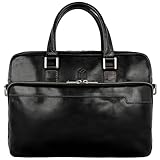 Time Resistance Aktentasche Leder Laptoptasche mit Schultergurt - Handgefertigt in Italien - Arbeitstasche - Businesstasche - Umhängetasche - Schwarz