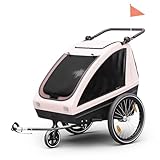 Klarfit GoKiddo Fahrradanhänger 2 Kinder - 2-in-1 Kinderanhänger & Buggy mit Bremsen, Sicherheitsgurten, Verstellbaren Sitzen, 40kg Kapazität, Regen & UV-Schutz, Zusammenklappbar, Rosa