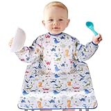 Vicloon Lätzchen mit Ärmeln Baby Ärmellätzchen Befestigt Sich an Ihrem Hochstuhl, Baby Lätzchen mit Ärmeln Wasserdicht für Jungen Mädchen Kleinkind Fütterung Lätzchen Schürze-Dinosaurier