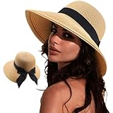 DRESHOW Sonnenhüte für Damen Reise Fedora Faltbarer Strand Sonnenhut Sommer Breite Krempe Stroh Eimer Hut mit Bowknot UPF 50+