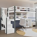 EN747-zertifiziertes Halbhohes Bett mit Schreibtisch, Stoff-Aufbewahrungsbox, Stauraumtreppe & Sicherheitsumrandung – 90x200cm, Weiß+Grau (Kiefer+MDF, 150KG Tragkraft)