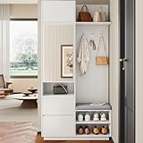 YAIXBNG Kompaktgarderobe mit Spiegel und Sitzbank,Flurgarderobe mit Schuhschrank und Haken, Kleiderhaken,Kompaktgarderobe,Flurmöbel Set,Flurgarderobe