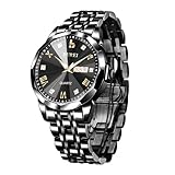 BUREI Herrenuhr Simulation Quarz Band Diamant Edelstahl Uhr Kalender Datum wasserdichte Luxus Business Freizeit Mode Uhr (Schwarz)