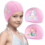 2 Stück Badekappe Mädchen, Badekappe Kinder im Alter von 2–10 Jahren, PU Beschichtet wasserdichte Schwimmhaube für mädchen Lange Haare Kinder