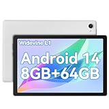 FYMLCPFY Android 14 Tablet 10 Zoll Octa-Core 8GB+64GB (TF 1TB), 1280x800 HD IPS Wi-Fi 6 Modell/Widevine L1/5000mAh/Dual Kamera/Face ID PC 2024 - Weiß