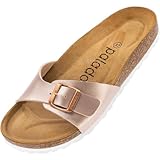 Palado Pantoletten Damen Malta Metallic – gefertigt in Spanien – weiche Veloursleder-Decksohle – robuste EVA-Sohle – edles Metallic-Design Rose/Rose UK6 - EU39