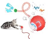 EXTFANS Katzenball Elektrisch mit 2 Schwanzseilen - Elektrischer Katzenspielzeug Ball, Interaktives Katzenspielzeug mit 4 Modi & Vogelstimmen, 360° Powerball & USB-Ladung, mit LED-Leuchten (Rot)