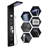 ROVOGO 7-Funktion Schwarze Duschpaneel mit Armatur - Temperaturanzeige, LED beleuchtet, Regendusche, Wasserfall, Massagedüsen, Handbrause und Badewanneneinlauf, Edelstahl Duschsäule für Wandmontage