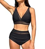 Cenei Damen Mesh High Waist Bikini Set V-Ausschnitt Bauchweg Badeanzug Badeanzug Schwarz XXL