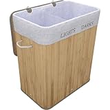 TOSANEO Bambus Wäschekorb 100 Liter Natur Wäschesammler mit Deckel Wäschebox mit 2 Fächer Wäschetonne mit Griff Wäschesack herausnehmbar
