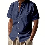Hemd Herren Stehkragen Hemden Kurzarmhemd mit Knopfleiste Sommer Leinenhemd Regular Fit Freizeithemden Einfarbig Kurzarm Shirt Modern Arbeitshemd Button Down Herrenhemd Atmungsaktiv Leinen Hemd