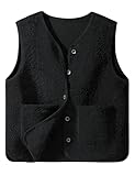 CMTOP Weste Damen Teddy Fleece Weste Kurz Herbst Winter Ärmellos Damen-Westen Einfarbig V-Ausschnitt Westen Bequem Wärme Fleeceweste Casual Plüschweste mit Taschen(Schwarz, XL)
