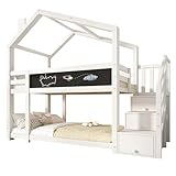 SogesPower Kinder Etagenbett Baumhaus 90x200 cm mit Tafel & Stauraumtreppe, Sicherheitsbett in Weiß, Inkl. 2X Lattenrost (Ohne Matratze)