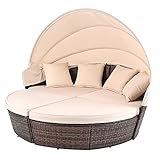 VONLUCE 4-teilige Sonneninsel mit Faltbarem Sonnendach Regencover Sonnenliege Rattanmöbel inkl. Kissen und Auflagen Gartenliege Polyrattan-Lounge Sunbed Gartenmuschel Gartenmöbel, Beige