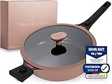 TRAUMLEBEN® Bratpfanne 28 cm mit Deckel, abnehmbaren Griffen & Hitzeindikatoren | PFOA-frei & für Induktion geeignet | Beschichtete Pfanne