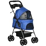 PawHut Hundewagen Hundebuggy mit Klappfunktion Pet Stroller für kleine Hunde und Katzen Haustierwagen Katzenbuggy Oxford Blau 67 x 45 x 96 cm