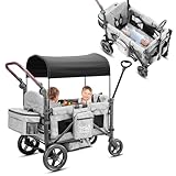 Bollerwagen faltbar mit Dach,Premium Bollerwagen für 2 Kinder Doppel-Kinderwagen Handwagen mit Dach,Snack Tablett,5-Punkt-Gurt,geländegängigen PU-Rädern Transportwagen Ziehen & Schieben,grau