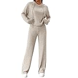 EFOGEP Damen Lounge Set: Trainingsanzug 2PCS Schlafanzug Rippenstrick Kapuzenpullover Oberteil und Hose mit weiten Beinen Pjs Freizeitanzüge Jogginganzug Loungewear Nachtwäsche Homewear Aprikose L