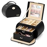 Seelux Schmuckkästchen mit 3 Ebenen, abschließbar mit Spiegel, Seelux Serie Schmuckkasten für Halsketten, Armbanduhren, Ringe, Armbänder, Ohrringe (Schwarz + Gold)