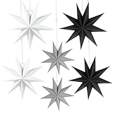 HBSTK 6 x Faltstern Weihnachten Papiersterne 9 Zacken Faltsterne Sterne Papier 3D Sterne zur Dekoration von Fenster Weihnachtsbaum Advent 2 x Φ45 cm, 2 x Φ30 cm, 2 x Φ25 cm (Schwarz, Weiß, Grau)
