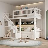 Etagenbett 90x200, Kinderbett Hochbett mit Treppe und Aufbewahrungsschrank, Funktionsbett Einzelbett Stockbett Spielbett Kinderhochbett Jugendhochbett mit Lattenrost, Massivholz, Ohne Matratze, Weiß