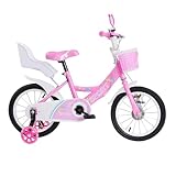 homewell 16 Zoll Fahrrad für Mädchen, kleine Prinzessin in Rosa, Kinderfahrrad für 2 bis 8 Jahre, höhenverstellbares Fahrrad mit abnehmbaren Stützrädern, Korb, Sitz für Spielzeug und Spiegel (Rosa)