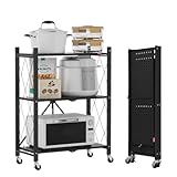 DEANIC Faltbare Aufbewahrungsregale, 3 Etagen, Metallregal zur Aufbewahrung, 61 x 85 x 28 cm, Eck-Küchenregale auf Rädern, Speisekammerregale, Bücherregal für Wohnzimmer, Schwarz