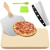 GOFOWRK Pizzastein 5er Set, 38 x 30 cm Großes Rechteckiges Pizzastein für Backofen & Gasgrill & Außengrill mit Metall-Pizzaschieber & Pizzaschneider, 1,5 cm Verdickt Backstein für Backofen Brot