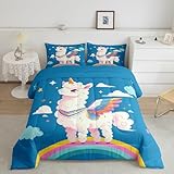 Homemissing Cute Llama Bettdecke 155x220cm Blau Steppbett für Kinder Jungen Mädchen Regenbogen 4-Jahreszeiten Bettdecke Wolke Steppdecke mit 1 Kissenbezug Winter Sommer Bettdecke 2Stück
