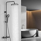 HOMELODY Duschsystem mit Thermostat Schwarz Duscharmatur Komplettset mit 3 Strahlarten Duschkopf Rund Regendusche mit Armatur 25CM Kopfbrause Duschset