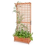 COSTWAY Blumenkasten mit Spalier & Dach, Pflanzkasten Tannenholz, Hochbeet mit Rankgitter & Drainagelöchern, Gartenspalier für Kletterpflanzen, Rankkasten Rankhilfe Garten Terrasse, Natur, 75x33x181cm