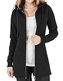 Vancavoo Fleecejacke Damen Lang Winterjacke Sweatjacke Kapuzenjacke Zip Kapuzenpullover Lose Jacken Einfarbig Sweatshirt Langen Mantel Cardigan Outwear Mit Taschen,Schwarz L