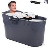 HelloBath® Mobile Badewanne für Erwachsene XL 122x56x64 cm | mit Badewannenablage & Seifenkorb | Komfortable Sitzbadewanne Erwachsene zur Tiefenentspannung | Badezimmer & Outdoor (Kühles Grau)