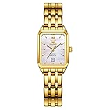 OLEVS Damenuhr Gold Edelstahl Kleines Handgelenk Rechteckig Wählscheibe Armbanduhr Damen Klassisches Luxus Weiß mit Datumsanzeige Damen Uhr Wasserdicht Freizeit Einfachheit Damen Uhren