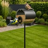 MeLiTec Edelstahl Vogelfutter-Station Fässchen, Vogelhaus schwarz matt, stehend, modernes Vogelhäuschen, Höhe 150cm
