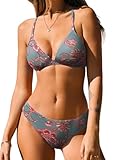 CUPSHE Bikini-Set für Damen, zweiteilig, V-Ausschnitt, niedrige Taille, überkreuzter Rücken, Spaghettiträger zum Selbstbinden, Rot/Blumenmuster, Medium