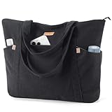 Lekespring Cord Tasche Damen, Groß Tote Bag Strandtasche mit Reißverschluss, Shopper Tasche Damen Laptoptasche mit 17 Zoll Laptopfach, Elegant Handtasche Umhängetasche für Arbeit Schule Gym-Schwarz