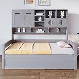 Yizom Holz-Schlafsofa 90 x 200 cm, multifunktionaler Stauraum, hydraulisches Bett, Einzelbett, Jugendbett, Bettgestell, grau (Matratze Nicht im Lieferumfang enthalten)