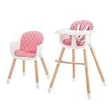 Kinderkraft Hochstuhl SIENNA 2 in 1, Kinderhochstuhl, Babystuhl, Kombihochstuhl, Beine aus Holz, 5-Punkt-Gurt, Fußstütze, abnehmbare Tablett, Rutschfeste Stuhlbeinkappen, ab 6 Monate bis 4 Jahre, Rosa