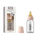 BIBS Baby Glass Bottle, Vermindert Koliken, Runder Sauger aus Naturkautschuklatex, Unterstützt das Stillen. Hergestellt in Dänemark, Complete Set - 110 ml, Blush